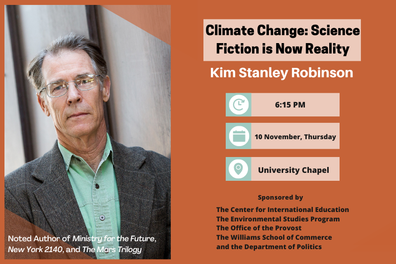 Kim Stanley Robinson talk at 6:15 pm in University Chapel Nov. 10th. 